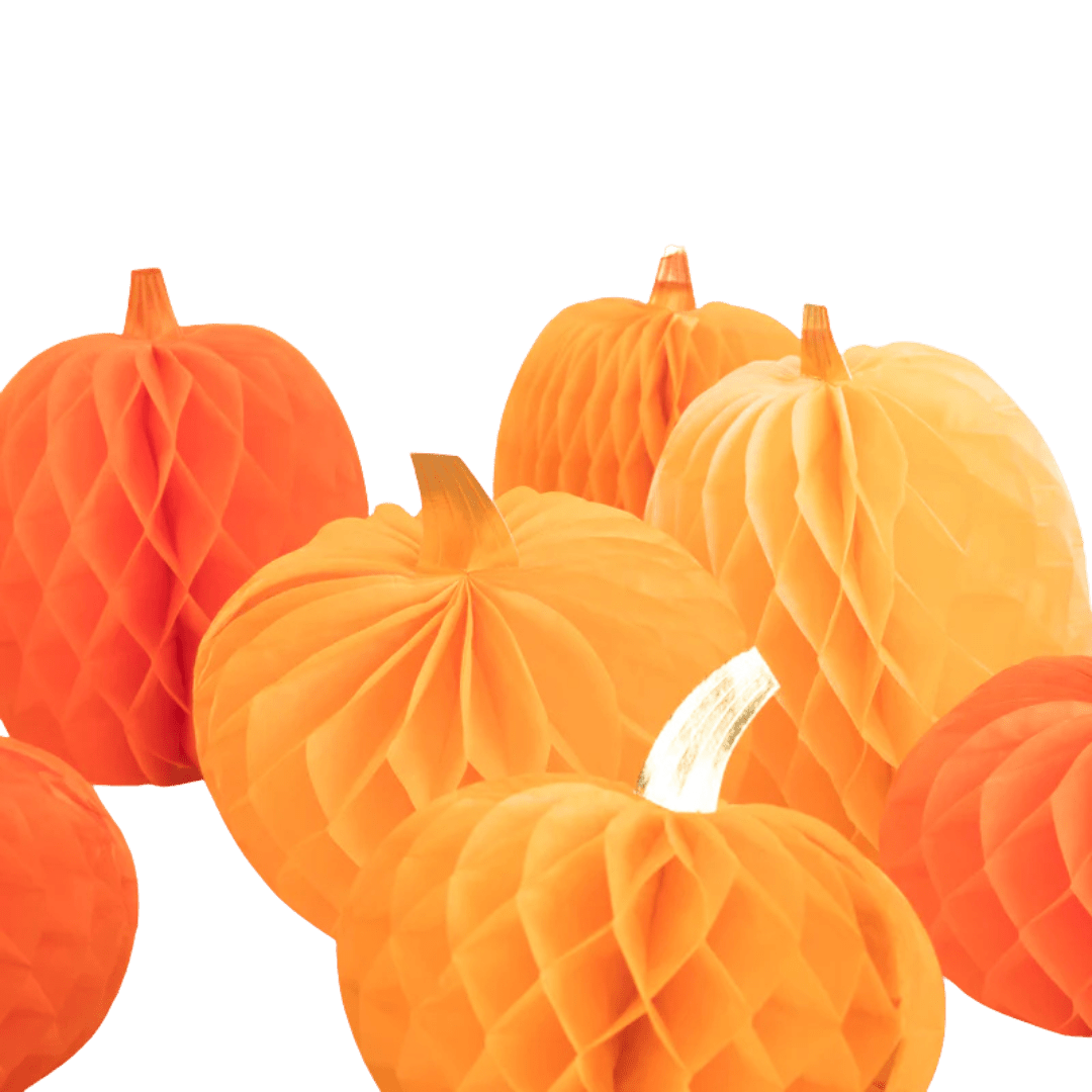 Orange honeycomb pumpkin paper decorations for Halloween from Parte Haus party supply store in Bethesda Maryland