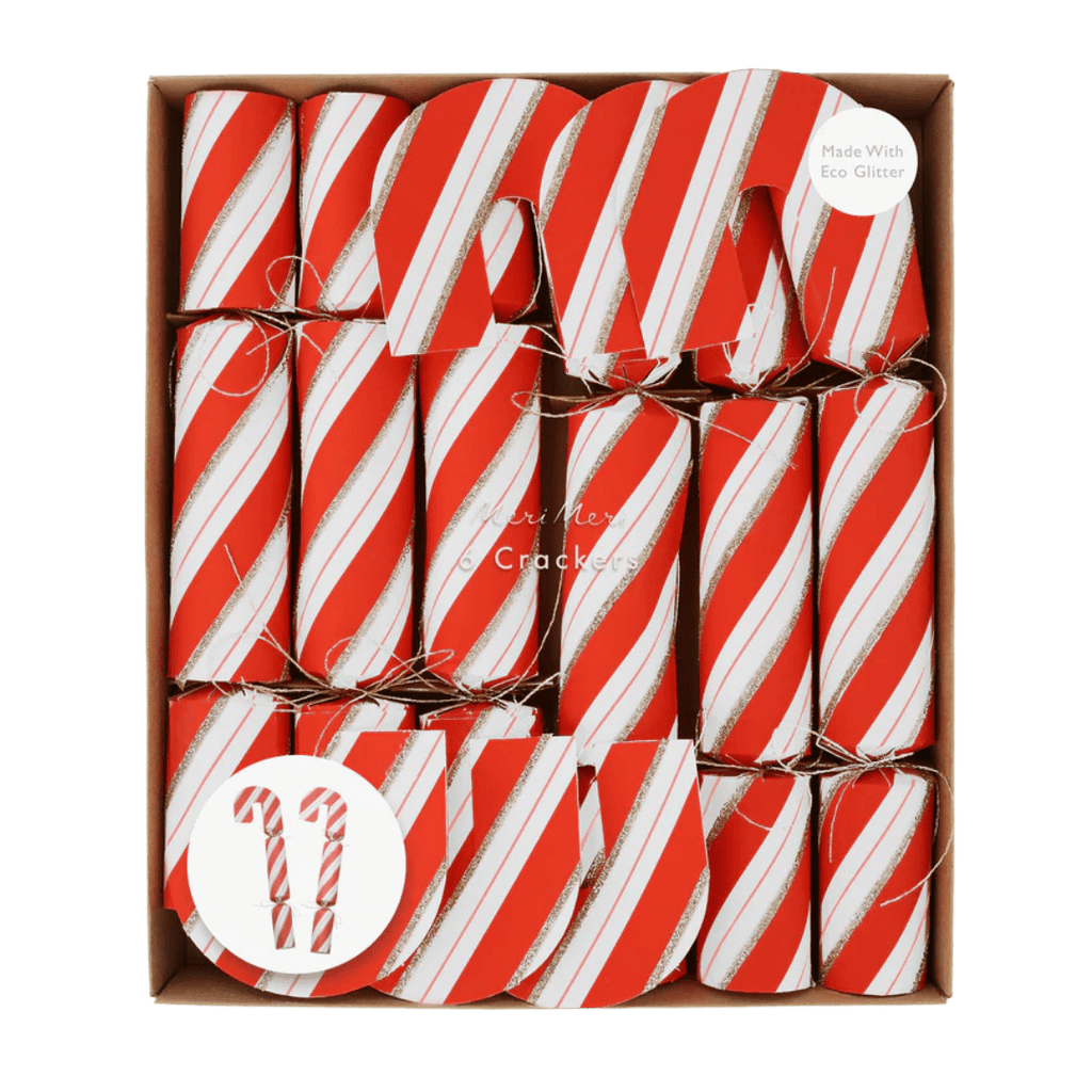Red and white striped Christmas crackers candy cane design holiday decor from Parte Haus party supply store in Bethesda Maryland