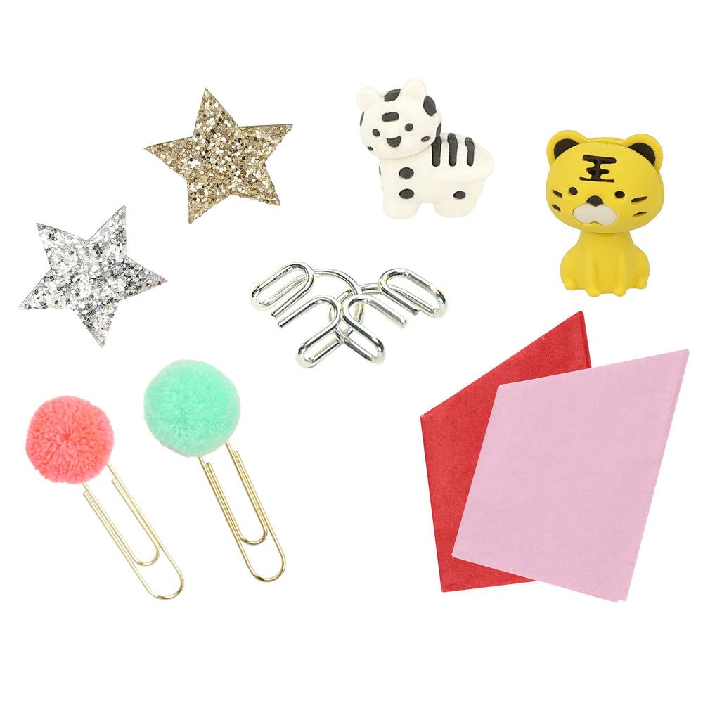 multicolor stationery kit with star clips animal erasers and sticky notes for kids from Parte Haus party supply store in Bethesda Maryland