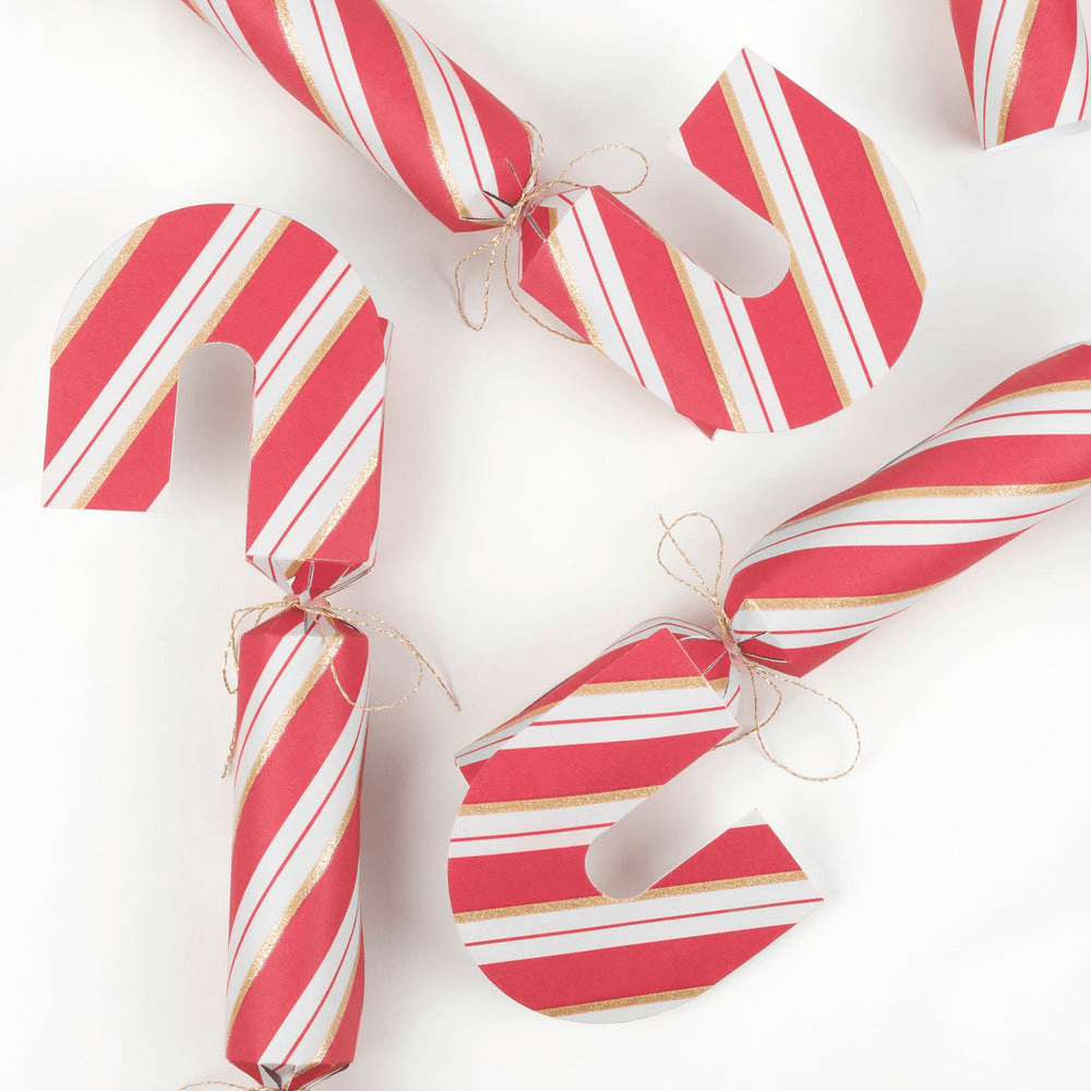 Red and white candy cane Christmas crackers festive holiday decor from Parte Haus party supply store in Bethesda MD