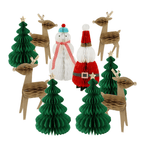 Green Christmas tree and brown reindeer honeycomb decorations with snowman and Santa holiday theme from Parte Haus party supply store in Bethesda Maryland