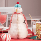 White snowman honeycomb centerpiece with blue hat and red scarf for Christmas from Parte Haus party supply store in Bethesda Maryland