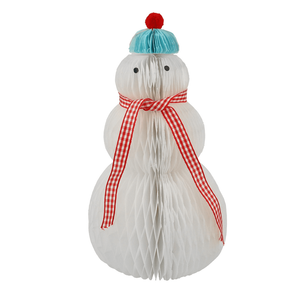 White paper snowman decoration with red scarf and blue hat for winter holiday from Parte Haus party supply store in Bethesda Maryland