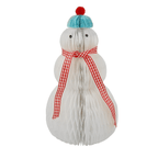 White paper snowman decoration with red scarf and blue hat for winter holiday from Parte Haus party supply store in Bethesda Maryland