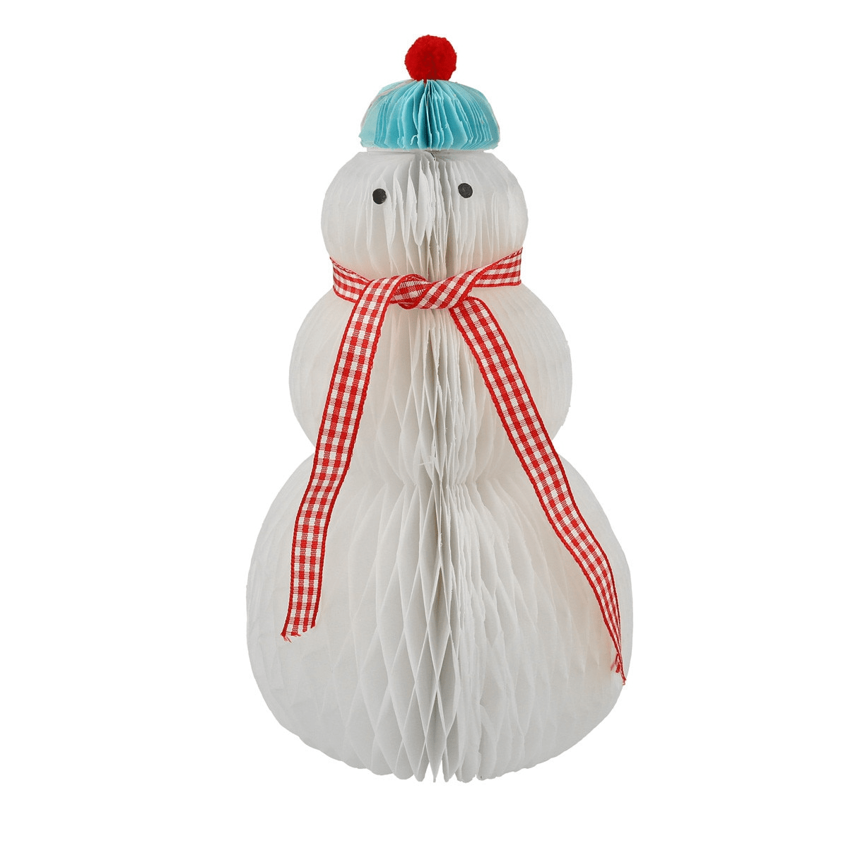 White paper snowman decoration with red scarf and blue hat for winter holiday from Parte Haus party supply store in Bethesda Maryland