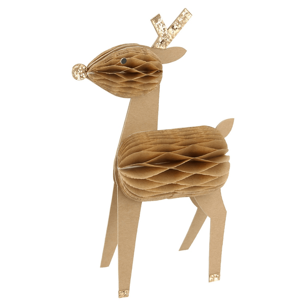 Brown reindeer honeycomb table centerpiece Christmas decoration from Parte Haus party supply store in Bethesda Maryland