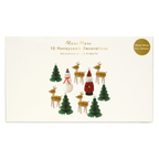 Christmas honeycomb decorations with green trees gold reindeer Santa and snowman holiday decor from Parte Haus party supply store in Bethesda Maryland