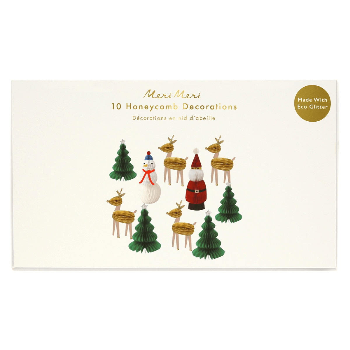 Christmas honeycomb decorations with green trees gold reindeer Santa and snowman holiday decor from Parte Haus party supply store in Bethesda Maryland
