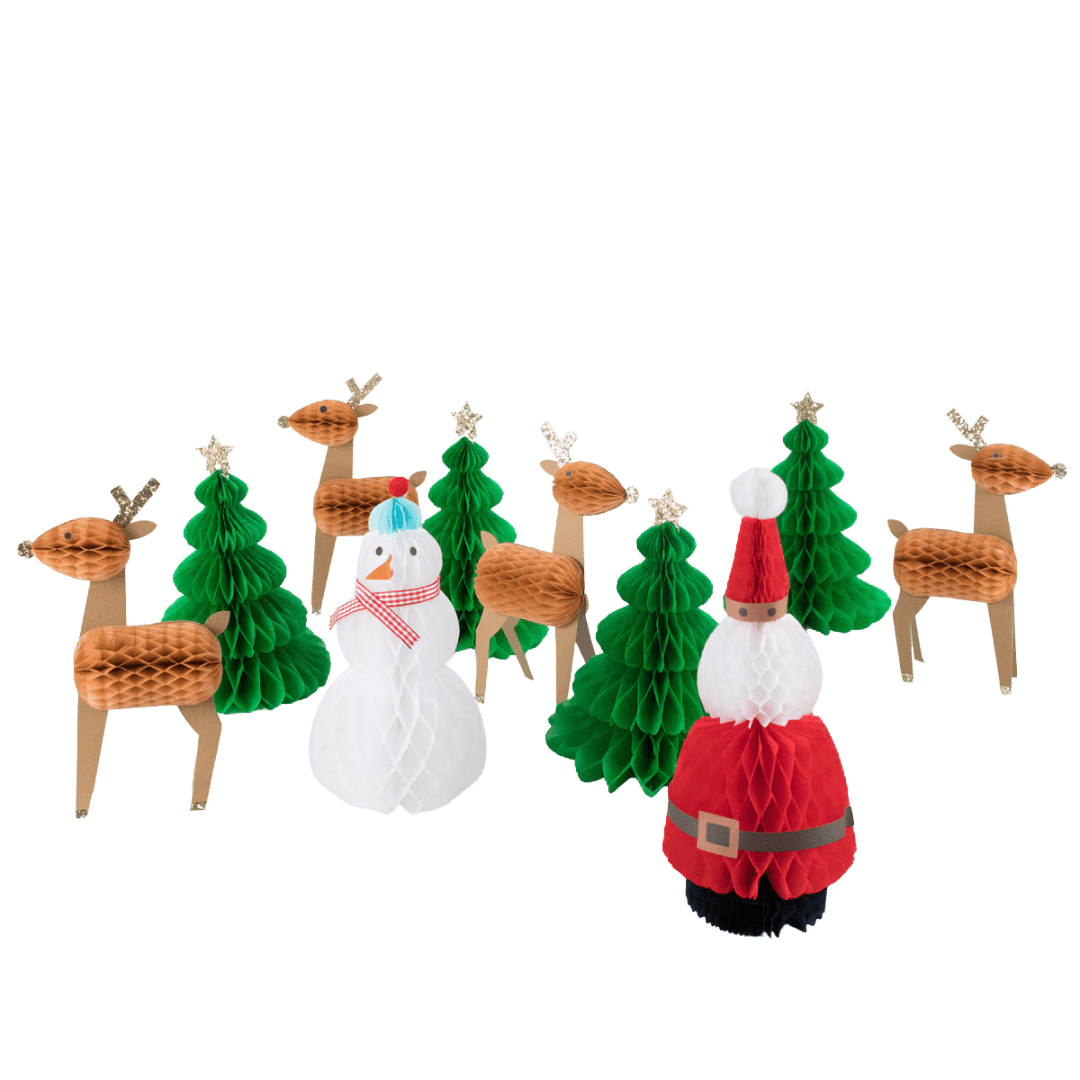 Red green and white honeycomb paper Christmas decorations featuring Santa snowman trees and reindeer for holiday decor from Parte Haus party supply store in Bethesda Maryland