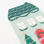 Green Christmas house shaped card with gold accents for holiday from Parte Haus party supply store in Bethesda MD