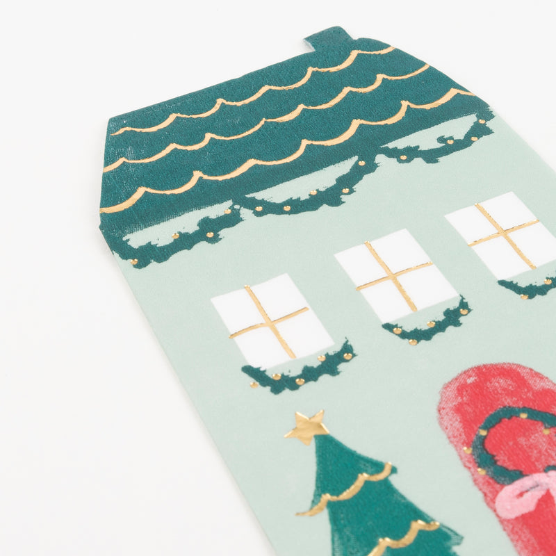 Green Christmas house shaped card with gold accents for holiday from Parte Haus party supply store in Bethesda MD
