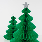 Green Christmas tree honeycomb decorations with silver star topper for holiday from Parte Haus party supply store in Bethesda Maryland