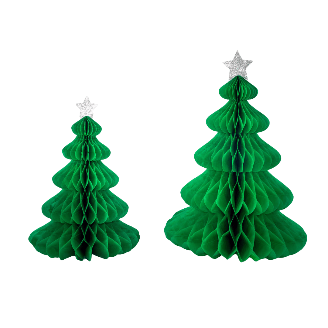 Green Christmas tree honeycomb centerpiece decorations for holiday from Parte Haus party supply store in Bethesda MD