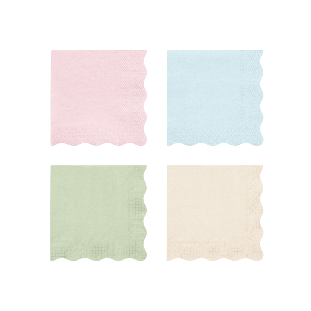 Pastel pink blue green cream napkins with wavy edge for birthday from Parte Haus party supply store in Bethesda MD