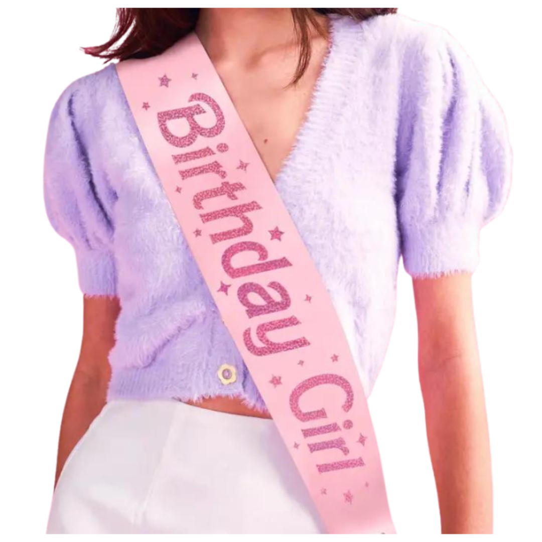 Pink Birthday Girl sash with glitter letters for birthday from Parte Haus party supply store in Bethesda MD
