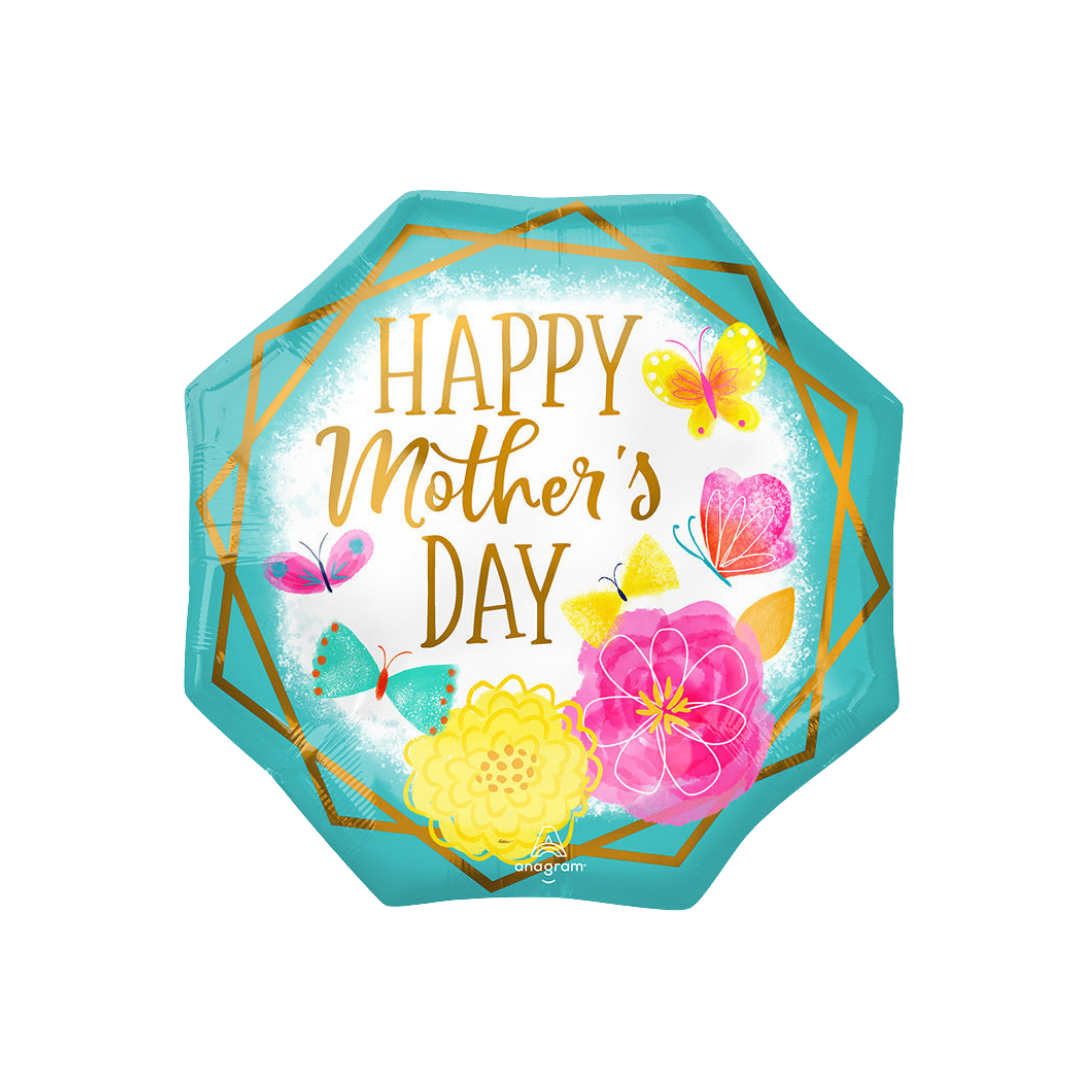 Gold trim teal foil balloon with flowers and butterflies for Mother’s Day from Parte Haus party supply store in Bethesda MD