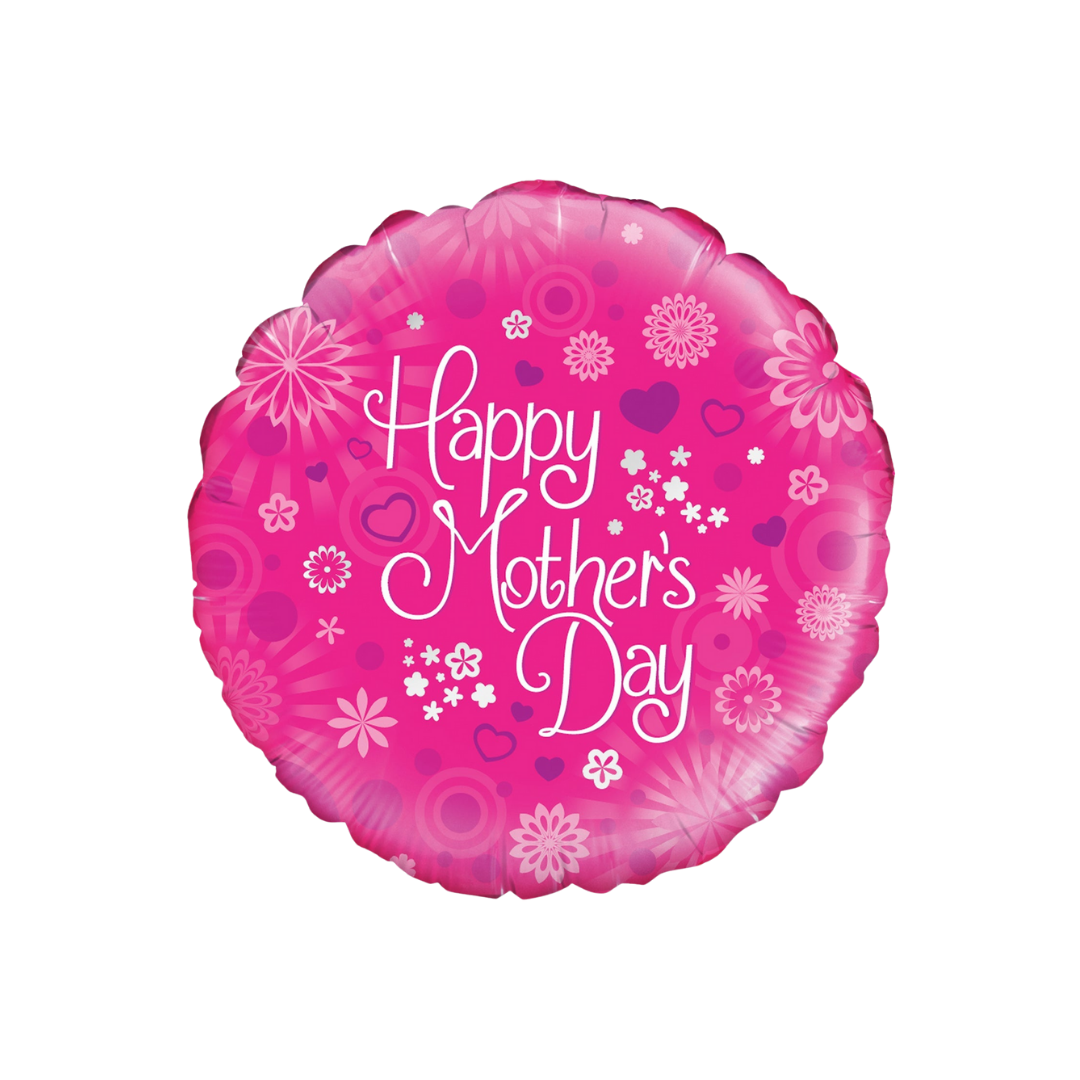 Pink foil balloon with Happy Mother's Day and floral patterns Mother's Day from Parte Haus party supply store in Bethesda MD