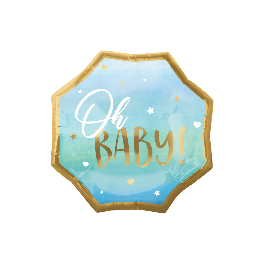 Blue foil balloon with Oh Baby and gold stars for baby shower from Parte Haus party supply store in Bethesda MD