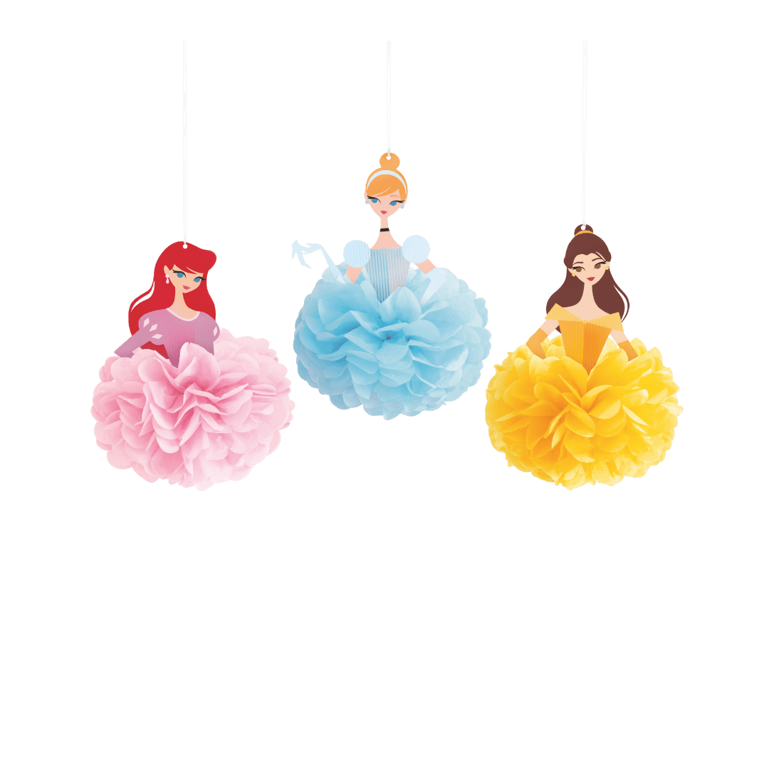 Pink blue and yellow princess hanging paper decorations for birthday theme from Parte Haus party supply store in Bethesda MD