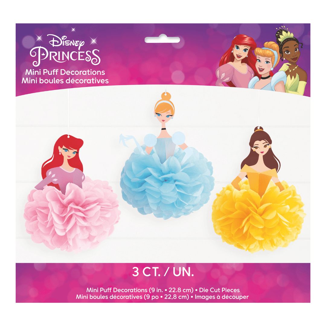 Pink blue yellow Disney Princess mini puff decorations birthday theme from Parte Haus party supply store in Bethesda MD