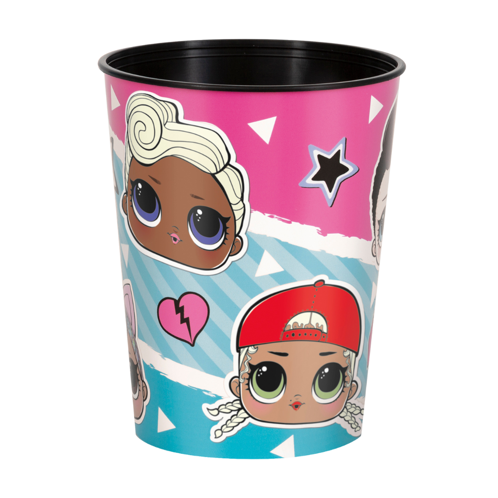 pink and blue LOL Surprise plastic cup with cartoon faces birthday theme from Parte Haus party supply store in Bethesda MD