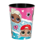 pink and blue LOL Surprise plastic cup with cartoon faces birthday theme from Parte Haus party supply store in Bethesda MD