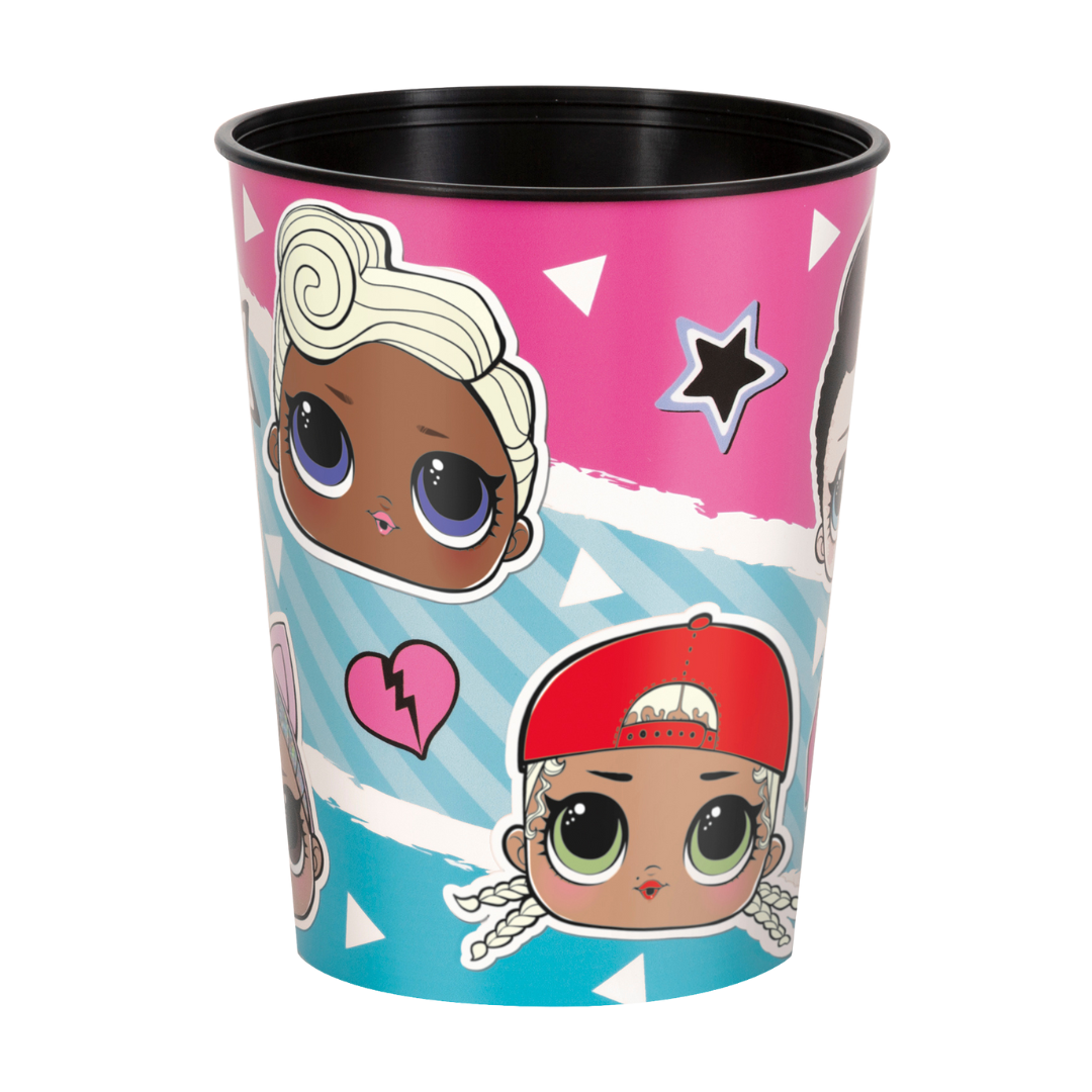 pink and blue LOL Surprise plastic cup with cartoon faces birthday theme from Parte Haus party supply store in Bethesda MD