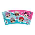Pink and blue LOL Surprise paper cup sleeve with cartoon doll faces birthday theme from Parte Haus party supply store in Bethesda Maryland