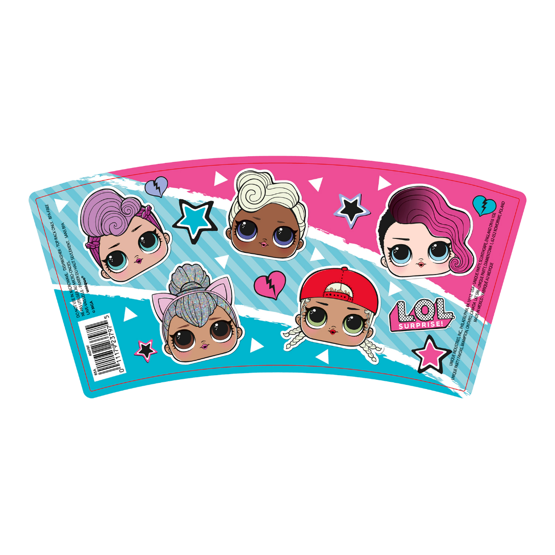Pink and blue LOL Surprise paper cup sleeve with cartoon doll faces birthday theme from Parte Haus party supply store in Bethesda Maryland
