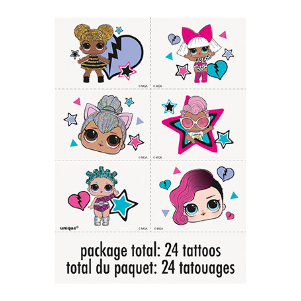 Colorful LOL Surprise temporary tattoos featuring cartoon dolls birthday theme from Parte Haus party supply store in Bethesda Maryland