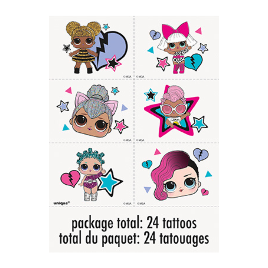 Colorful LOL Surprise temporary tattoos featuring cartoon dolls birthday theme from Parte Haus party supply store in Bethesda Maryland
