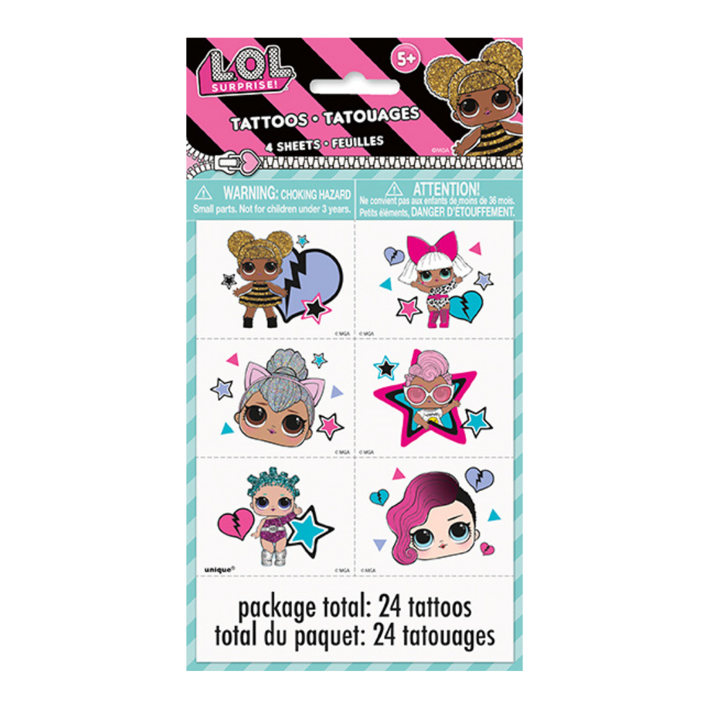 Multicolor LOL Surprise temporary tattoos with cartoon girls for kids birthday from Parte Haus party supply store in Bethesda MD.
