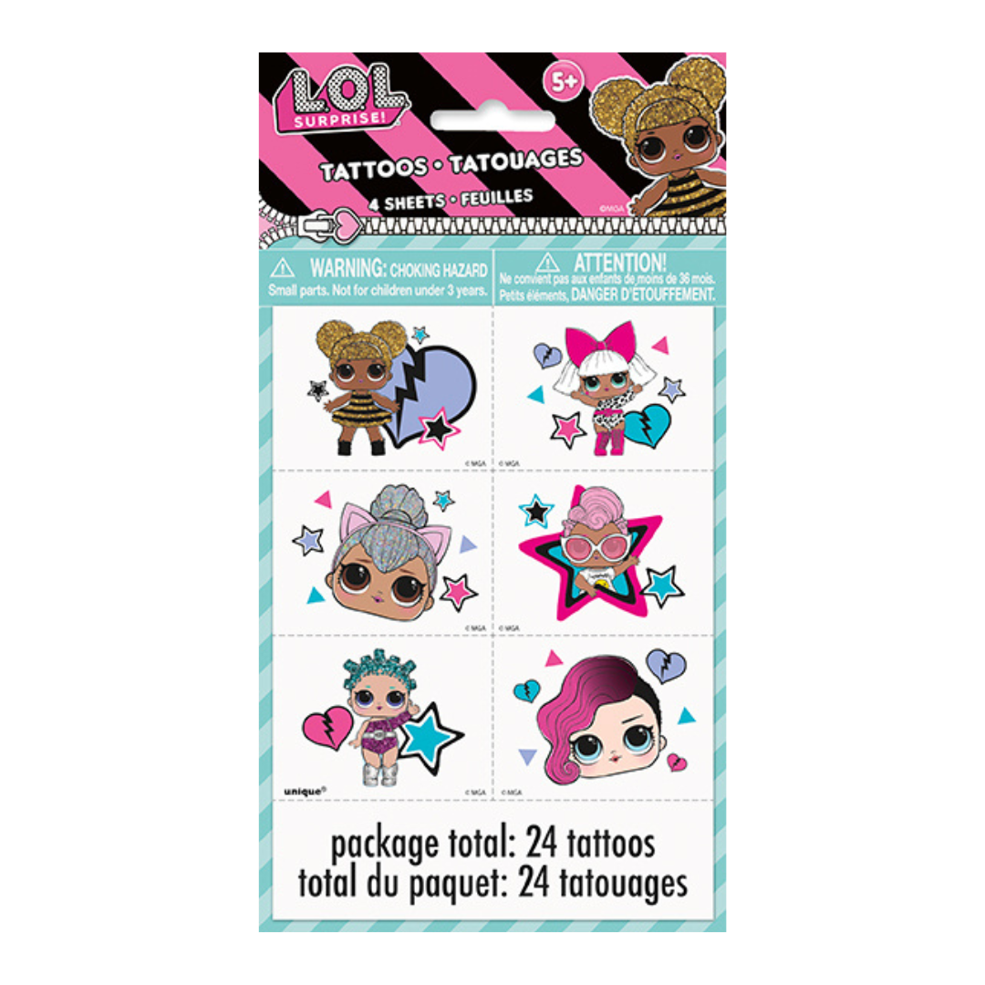 Multicolor LOL Surprise temporary tattoos with cartoon girls for kids birthday from Parte Haus party supply store in Bethesda MD.
