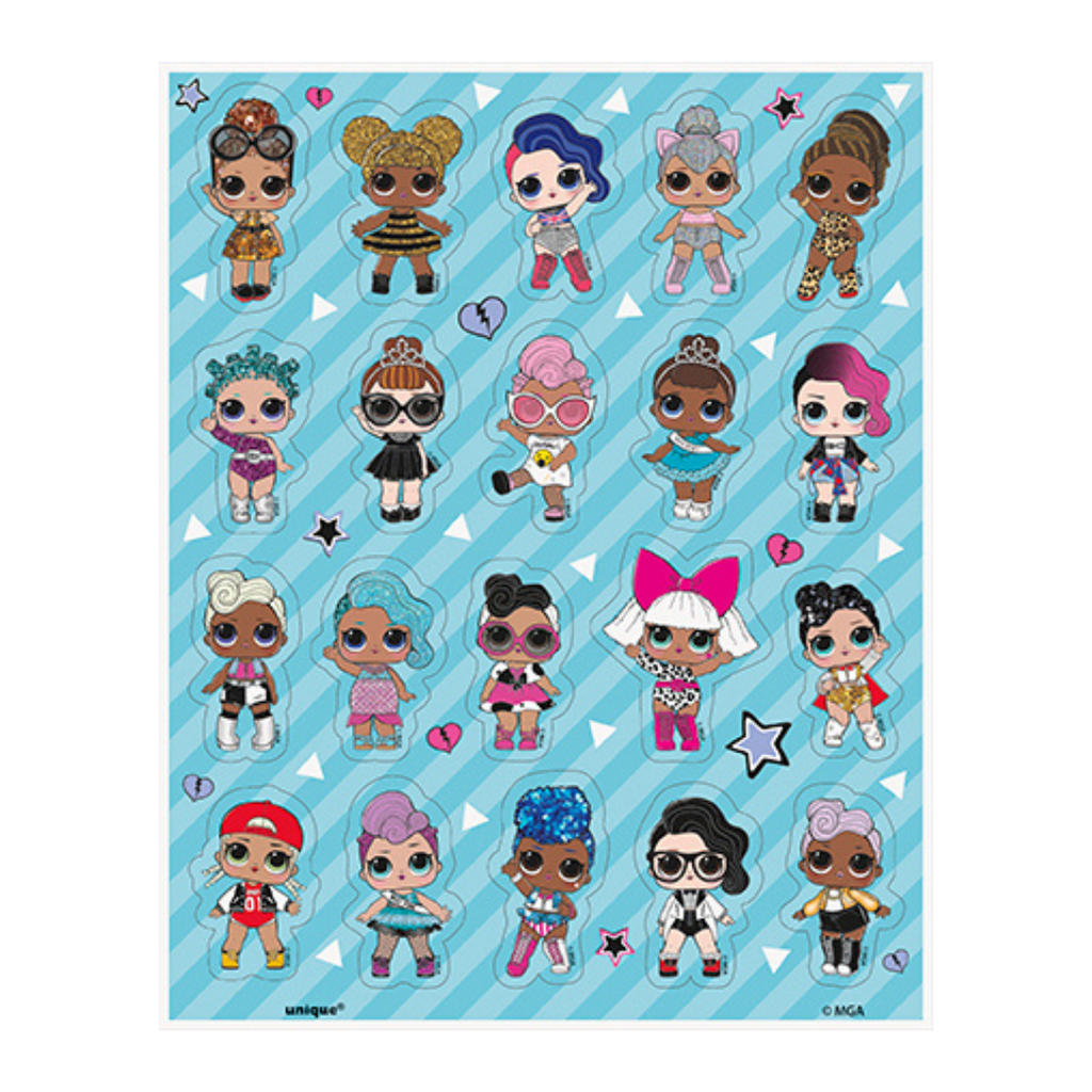 Colorful LOL Surprise stickers with cartoon dolls on blue background birthday theme from Parte Haus party supply store in Bethesda Maryland