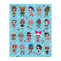 Colorful LOL Surprise stickers with cartoon dolls on blue background birthday theme from Parte Haus party supply store in Bethesda Maryland