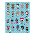 Colorful LOL Surprise stickers with cartoon dolls on blue background birthday theme from Parte Haus party supply store in Bethesda Maryland