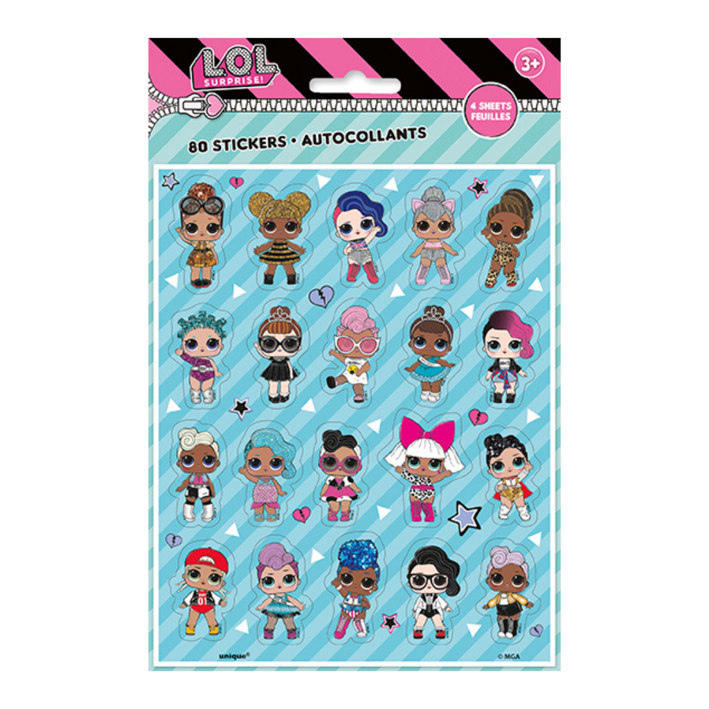 Blue LOL Surprise sticker sheet with colorful cartoon dolls birthday theme from Parte Haus party supply store in Bethesda MD