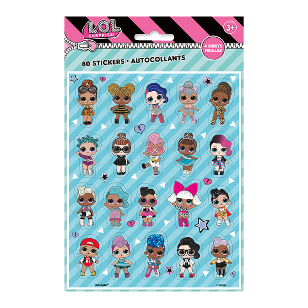 Blue LOL Surprise sticker sheet with colorful cartoon dolls birthday theme from Parte Haus party supply store in Bethesda MD