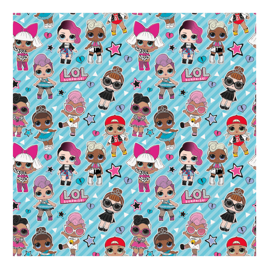 Colorful LOL Surprise character paper with blue background birthday theme from Parte Haus party supply store in Bethesda Maryland
