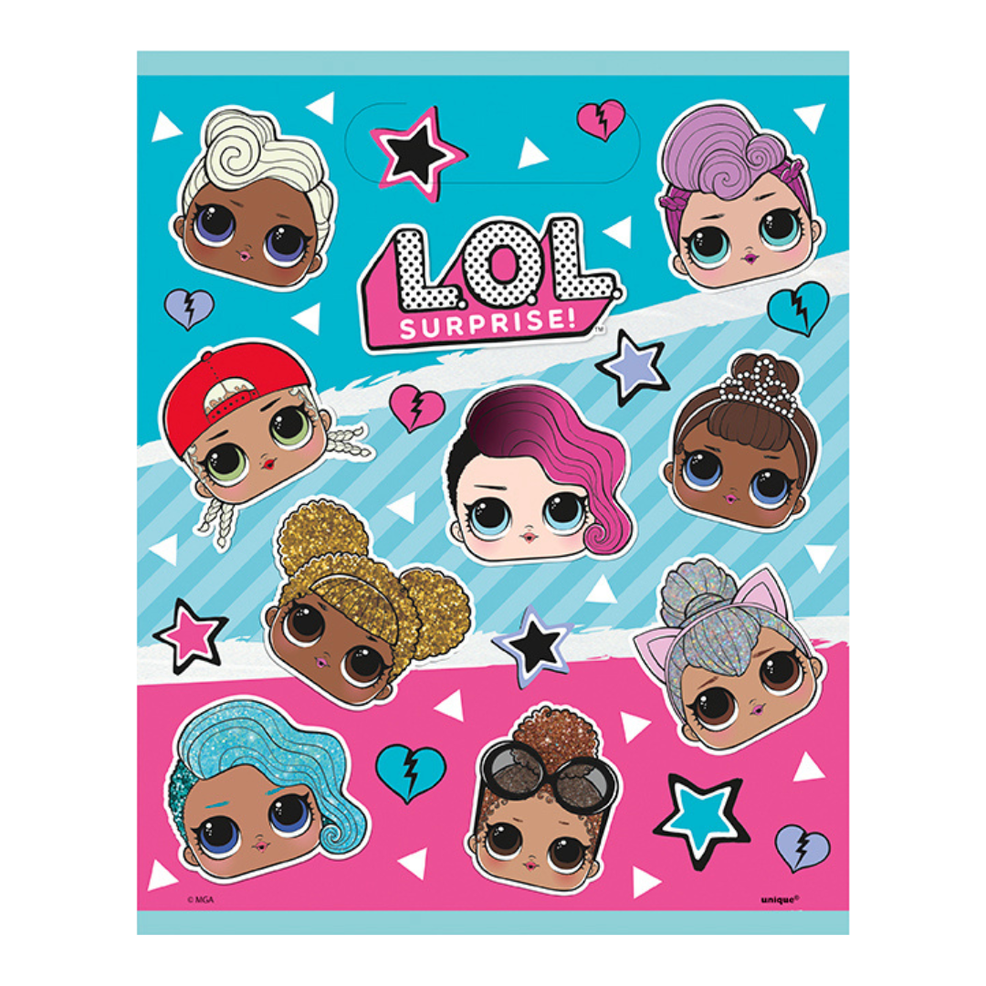 Colorful LOL Surprise sticker sheet with cartoon doll faces for kids birthday theme from Parte Haus party supply store in Bethesda MD