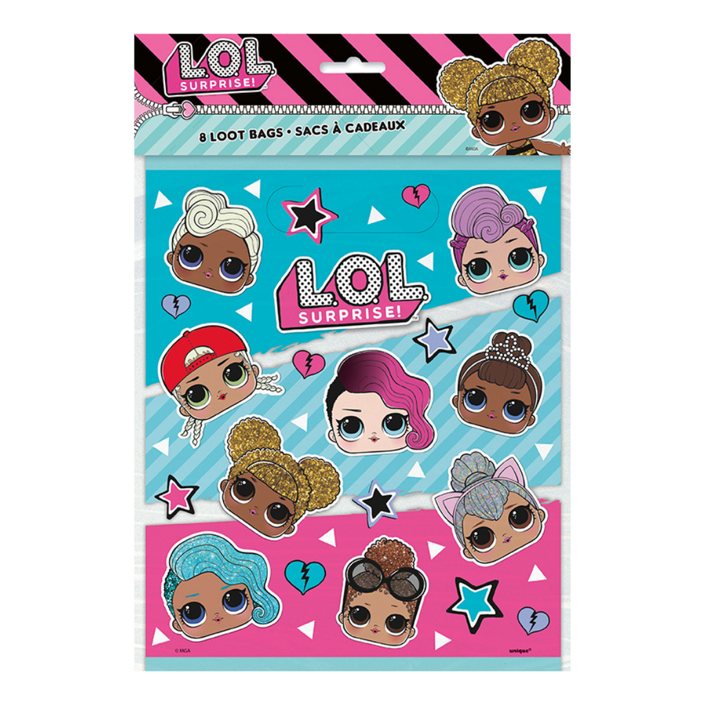 Blue and pink LOL Surprise loot bags with cartoon doll faces birthday theme from Parte Haus party supply store in Bethesda MD