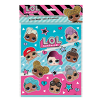 Blue and pink LOL Surprise loot bags with cartoon doll faces birthday theme from Parte Haus party supply store in Bethesda MD