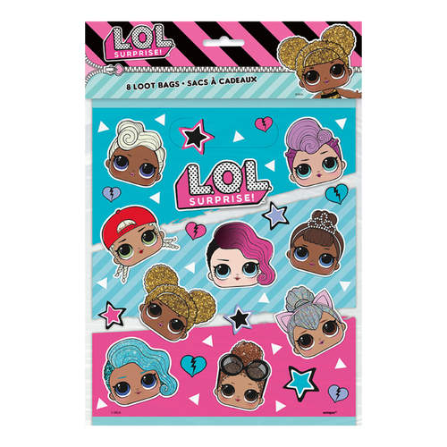 Blue and pink LOL Surprise loot bags with cartoon doll faces birthday theme from Parte Haus party supply store in Bethesda MD