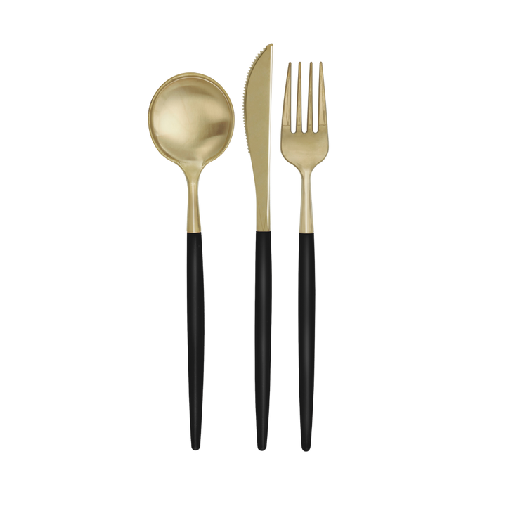 Black & Gold Plastic Cutlery Set - 12 pcs