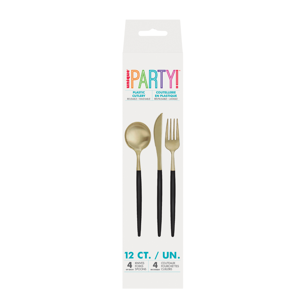 Black & Gold Plastic Cutlery Set - 12 pcs