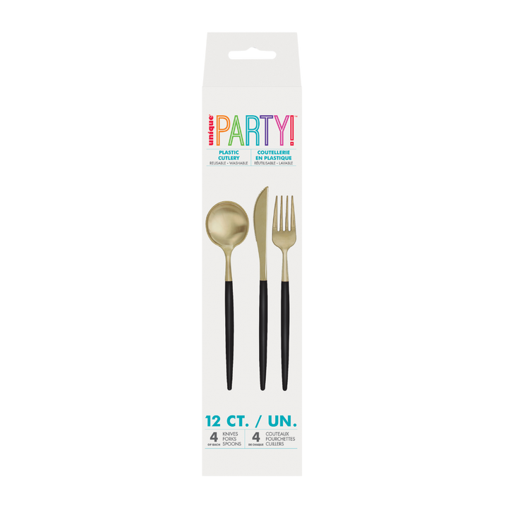 Black & Gold Plastic Cutlery Set - 12 pcs