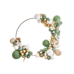 Green white and gold balloon arch with floral accents for celebration from Parte Haus party supply store in Bethesda Maryland