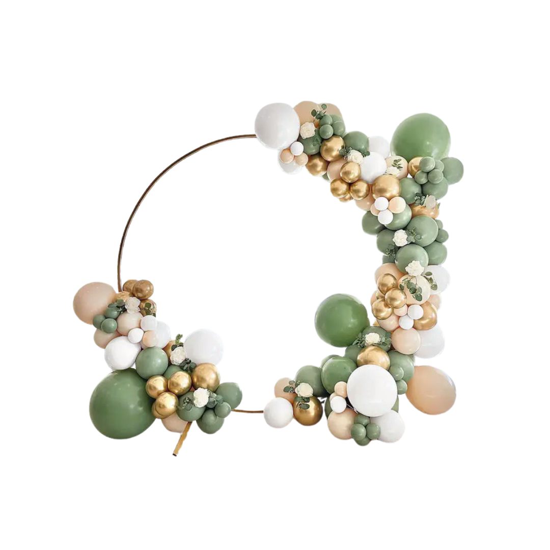 Green white and gold balloon arch with floral accents for celebration from Parte Haus party supply store in Bethesda Maryland