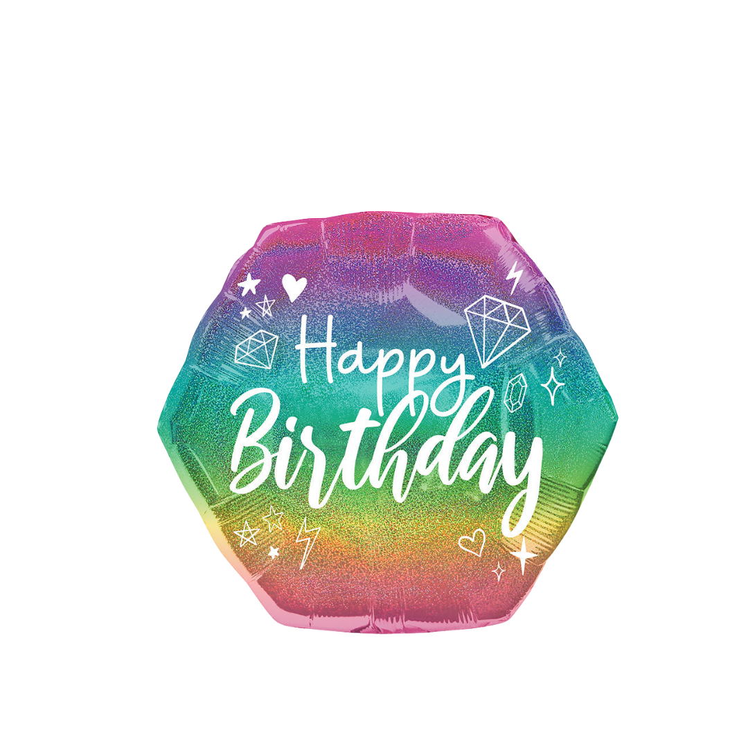 Rainbow holographic foil balloon with Happy Birthday message birthday theme from Parte Haus party supply store in Bethesda MD