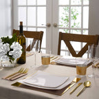 Gold and white tableware with gold cutlery for elegant dinner from Parte Haus party supply store in Bethesda MD